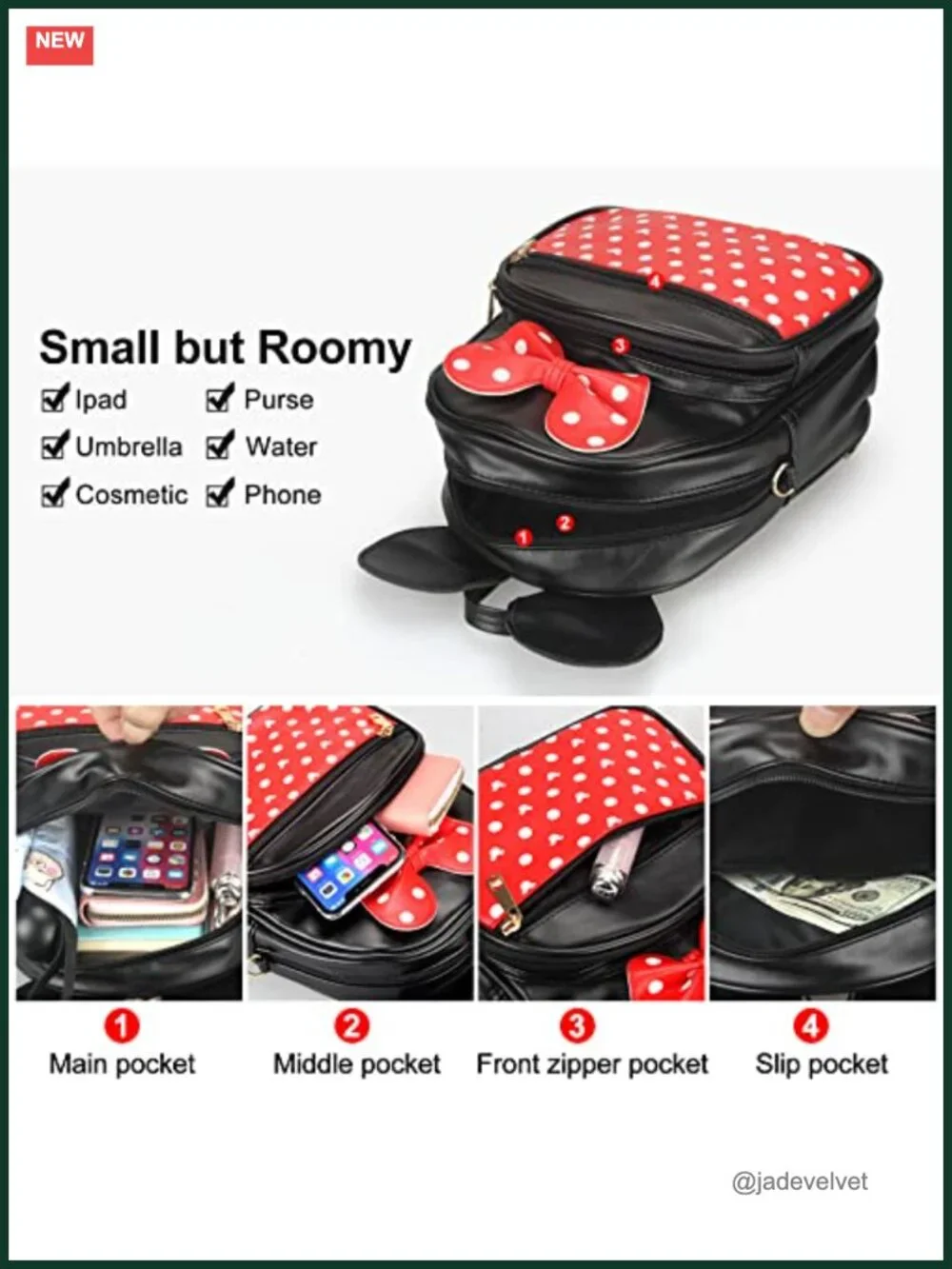 Minnie Mouse Kids PU Leather Backpack Bowknot Polka Dot Mini Daypack